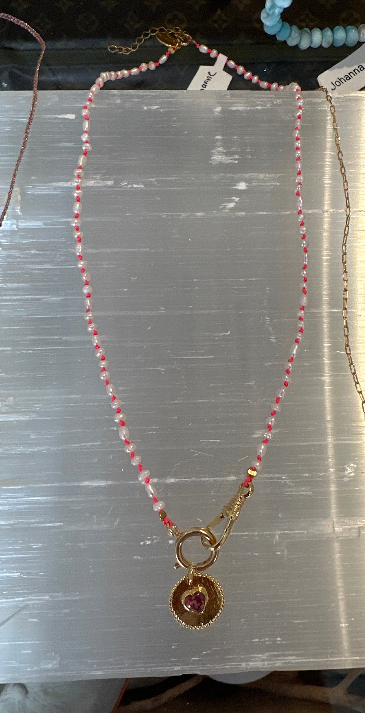 By Johanna white pearl and pink necklace with gold plated heart charm