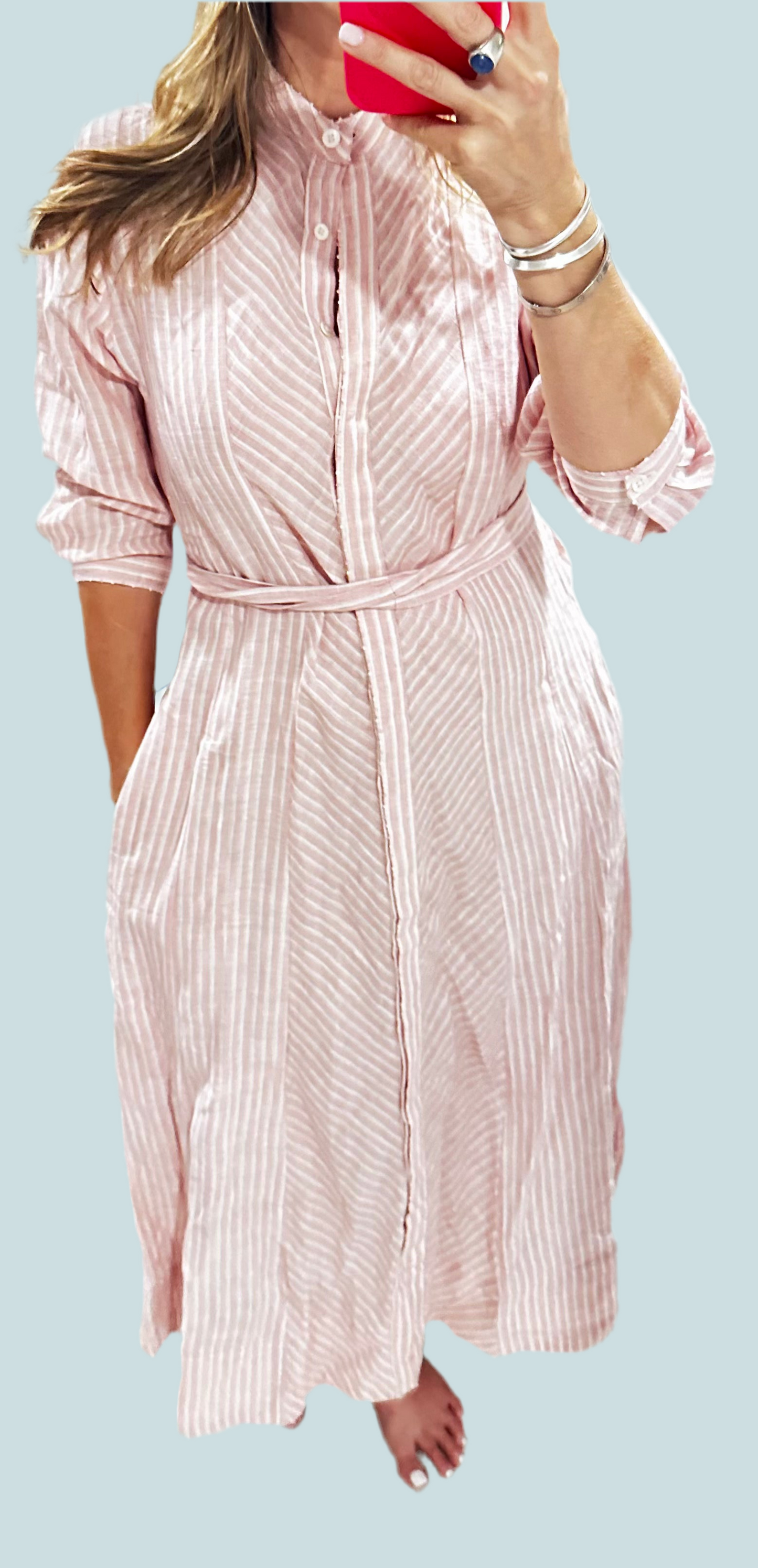 Seema Kahai Pink Striped Nila Linen Dress