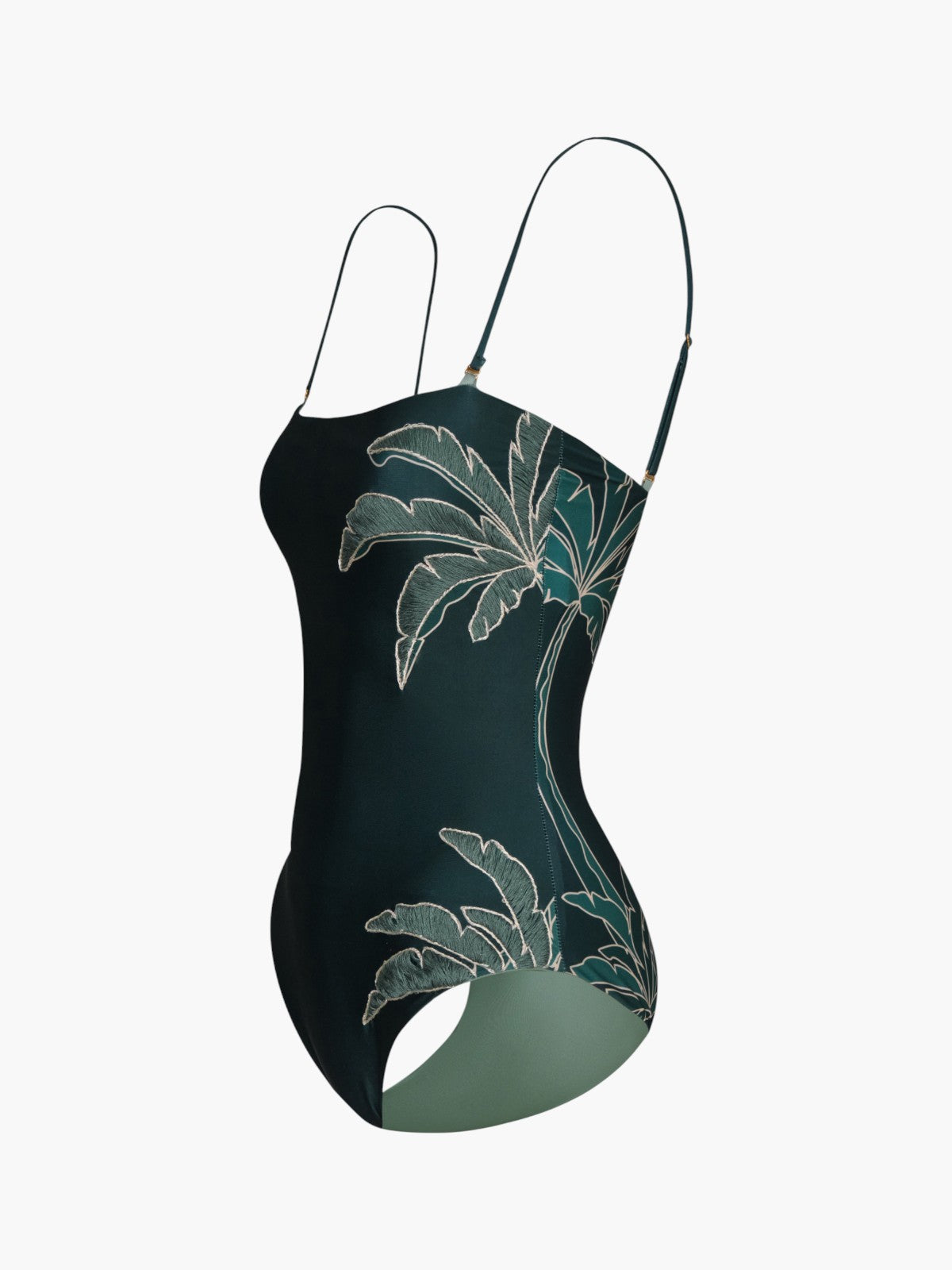 Juan De Dios Esteros Hand Embroidered One Piece Swimsuit Aquamarine Palms