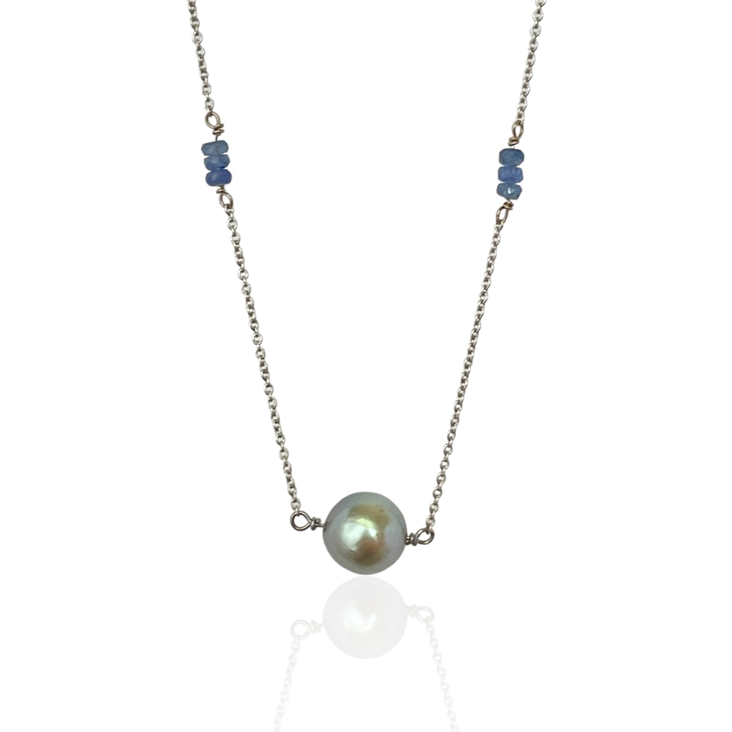 R.W. 14kt white gold, sapphire bead and tahitian pearl Aura Necklace