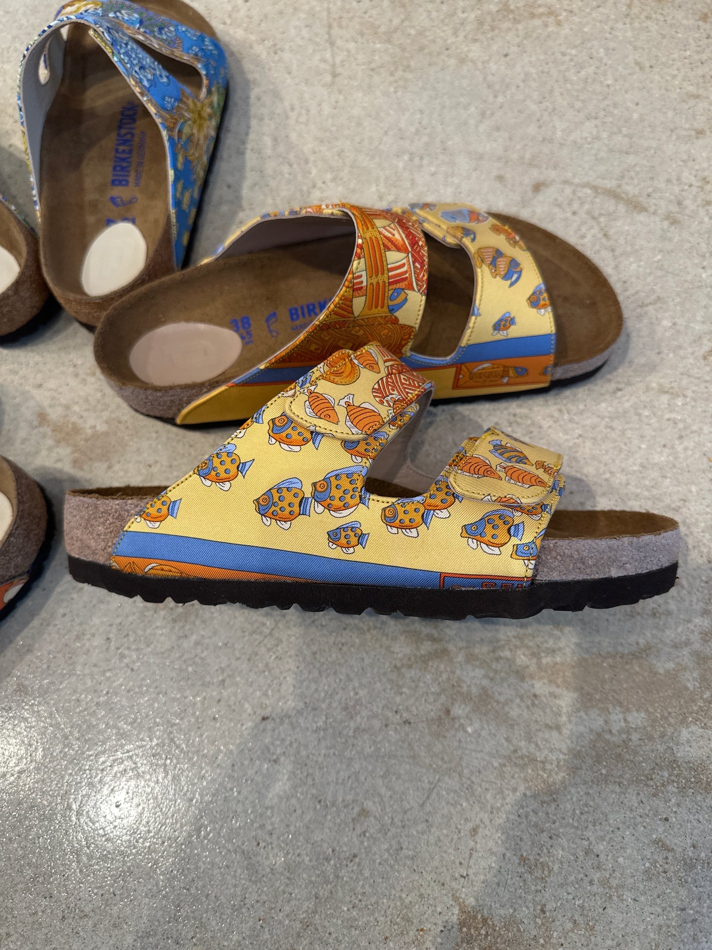 Artisan Made up-cycle designer silk scarf Birkenstocks.