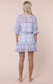 Juliet Dunn White & Blue Mexican Print Tie Waist Mini Dress with Mirrors