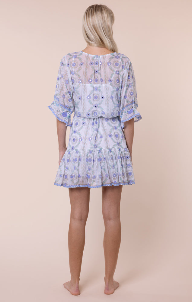Juliet Dunn White & Blue Mexican Print Tie Waist Mini Dress with Mirrors
