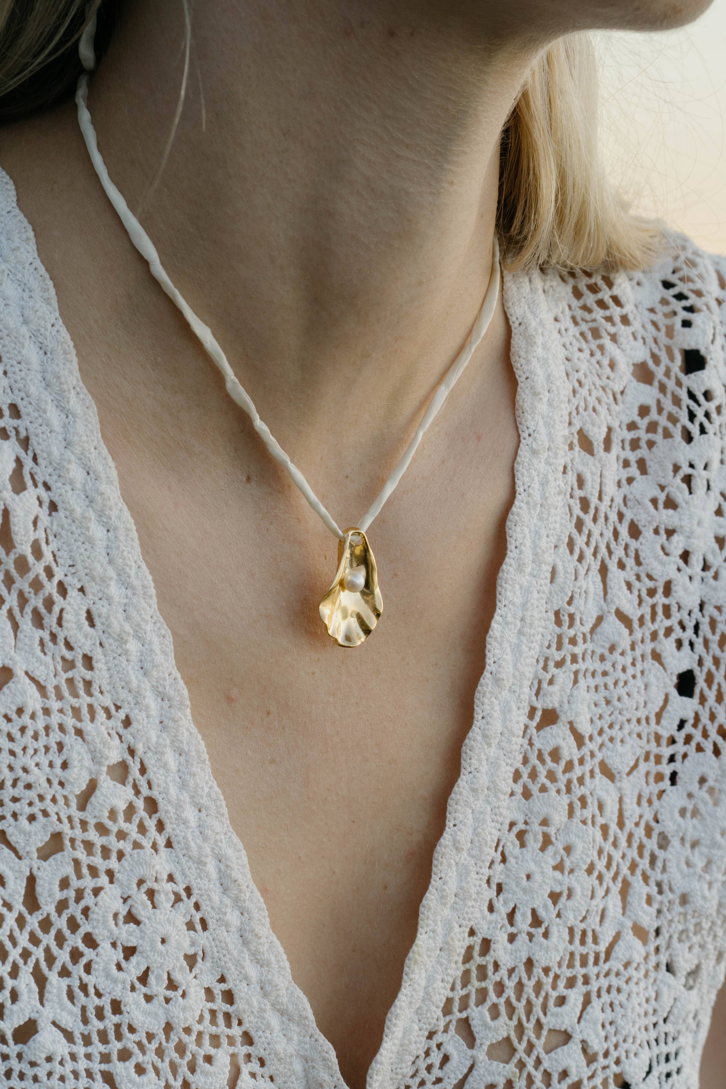 Oyster Shell Necklace on Raw Silk