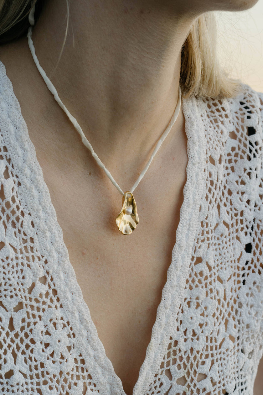 Oyster Shell Necklace on Raw Silk