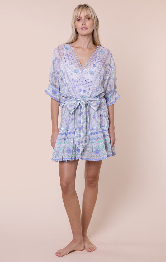 Juliet Dunn White & Blue Mexican Print Tie Waist Mini Dress with Mirrors