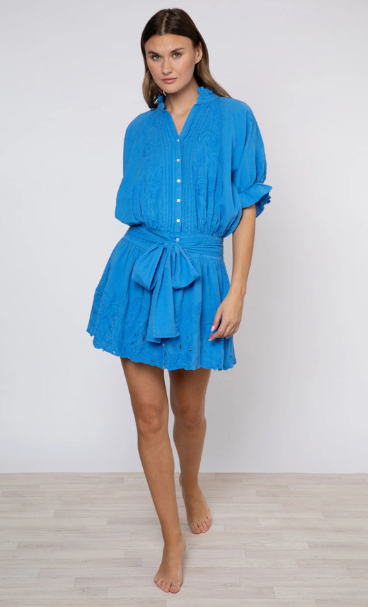 Juliet Dunn Linen Blouson Dress with Cut Out Embroidery in Klein Blue