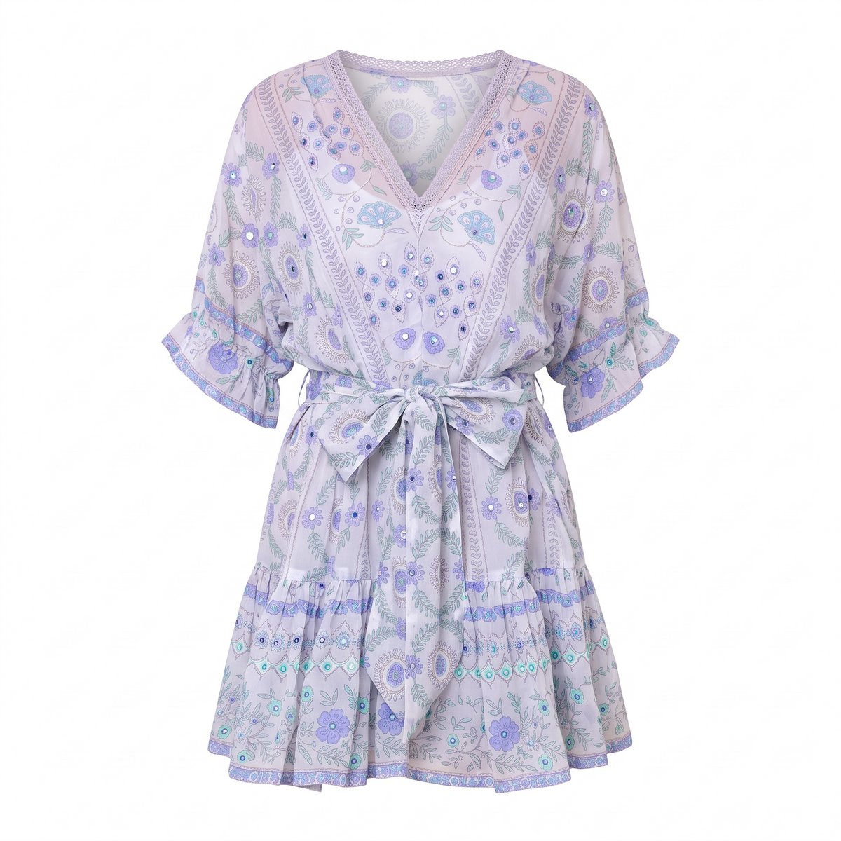 Juliet Dunn White & Blue Mexican Print Tie Waist Mini Dress with Mirrors