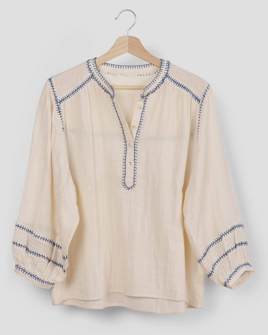 Marie Louise de Monterey Amelie Feather Stitch  Top in Ecru