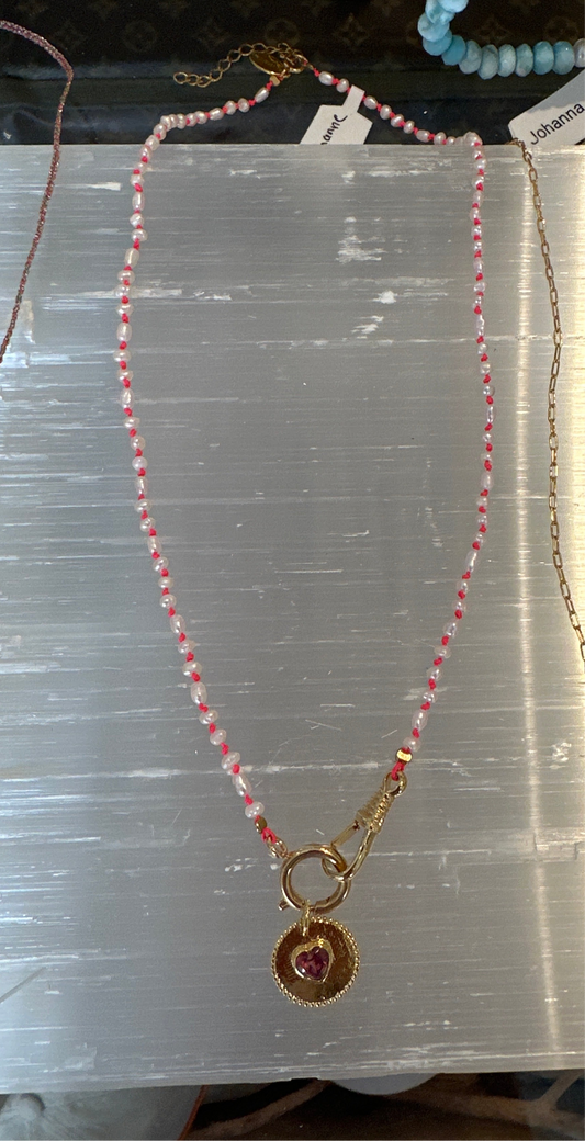 By Johanna white pearl and pink necklace with gold plated heart charm