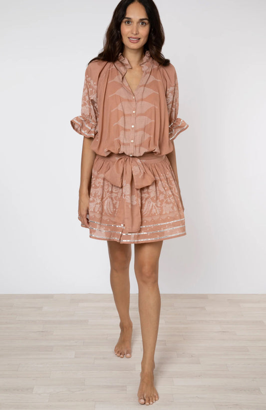 Juliet Dunn Dhaka Print Blouson Dress in Pecan