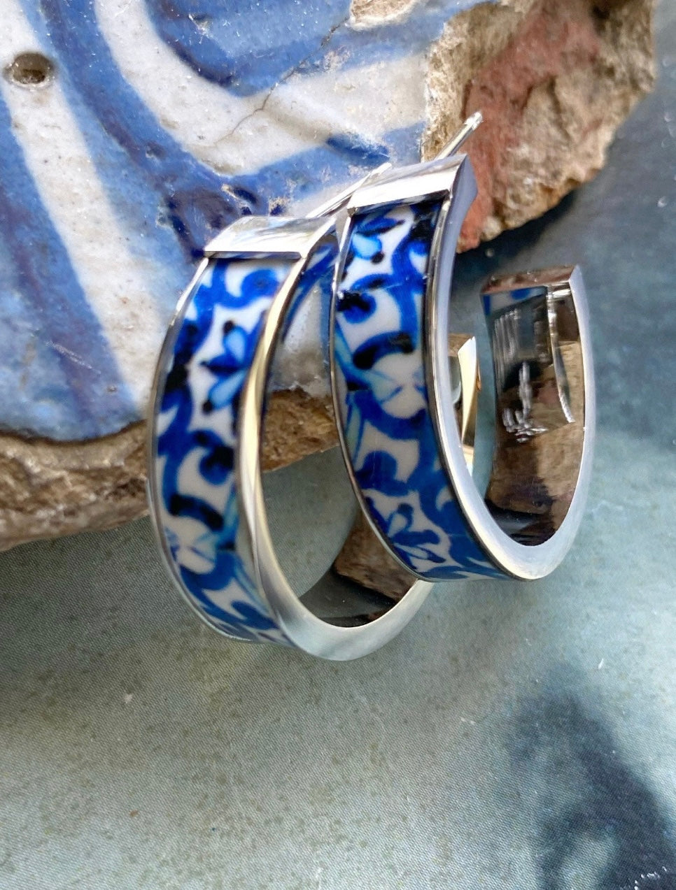 Inlay Tile Hoop Earrings -Silver