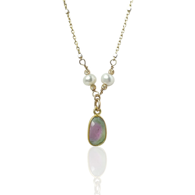 R.W. -14K Persephone Watermelon Tourmaline + Pearl Gold Necklace