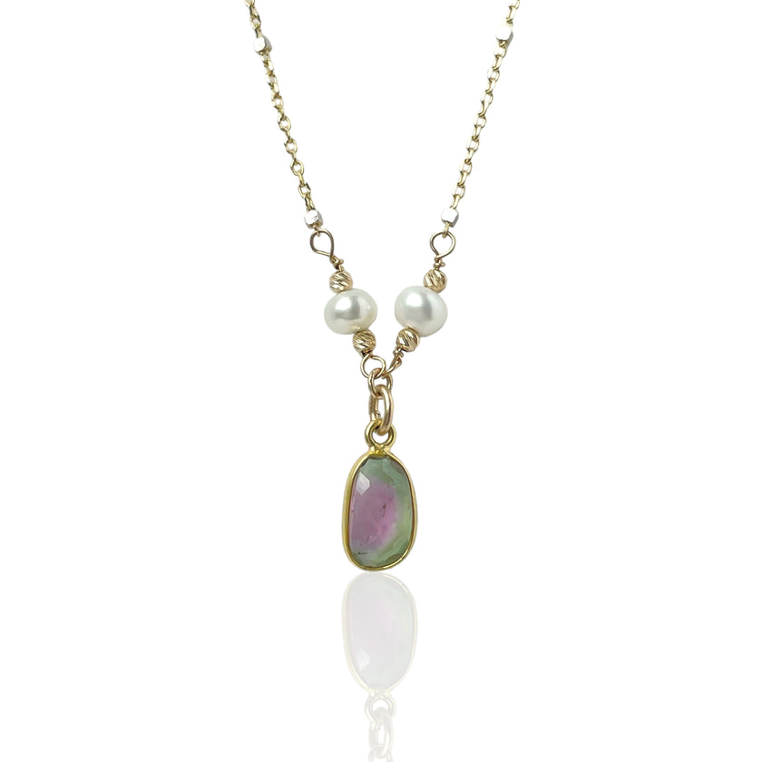 R.W. -14K Persephone Watermelon Tourmaline + Pearl Gold Necklace