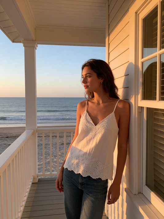 Juliet Dunn Poplin Embroidered Top White