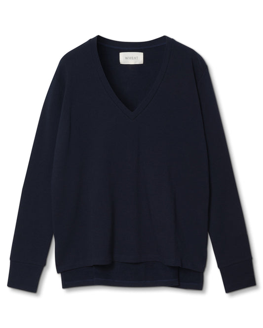 Maison Wheat Houston Long Sleeve V Neck Top in Navy