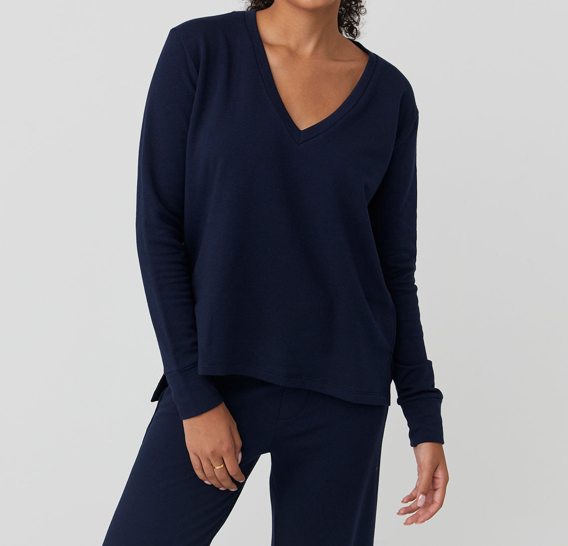 Maison Wheat Houston Long Sleeve V Neck Top in Navy