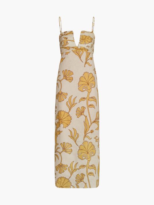 Juan de Dios Antigua Linen Midi Dress in Yellow Flowers