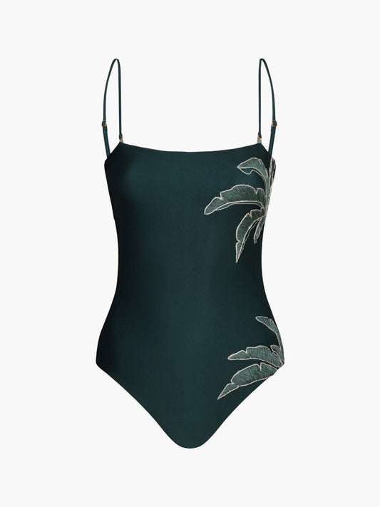 Juan De Dios Esteros Hand Embroidered One Piece Swimsuit Aquamarine Palms