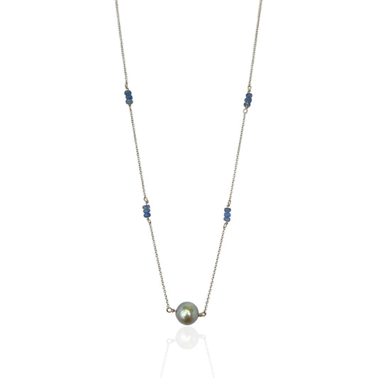 R.W. 14kt white gold, sapphire bead and tahitian pearl Aura Necklace