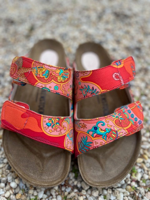 Artisan Made up-cycle designer silk scarf Birkenstocks.