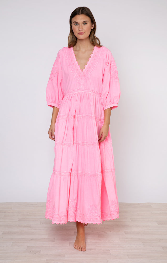 Juliet Dunn Poplin Embroidered V-Neck Loose Maxi Dess